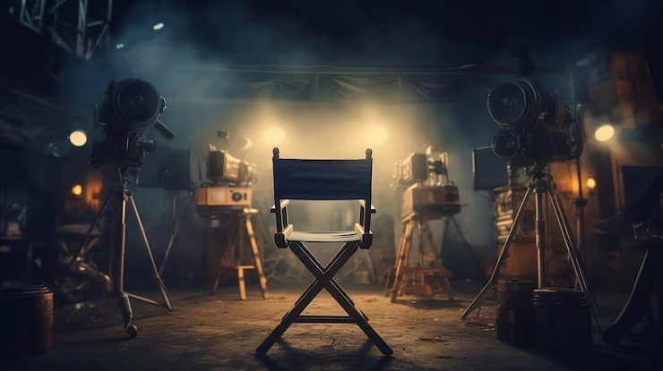 A director’s chair surrounded by cameras and lights in a Hollywood film studio